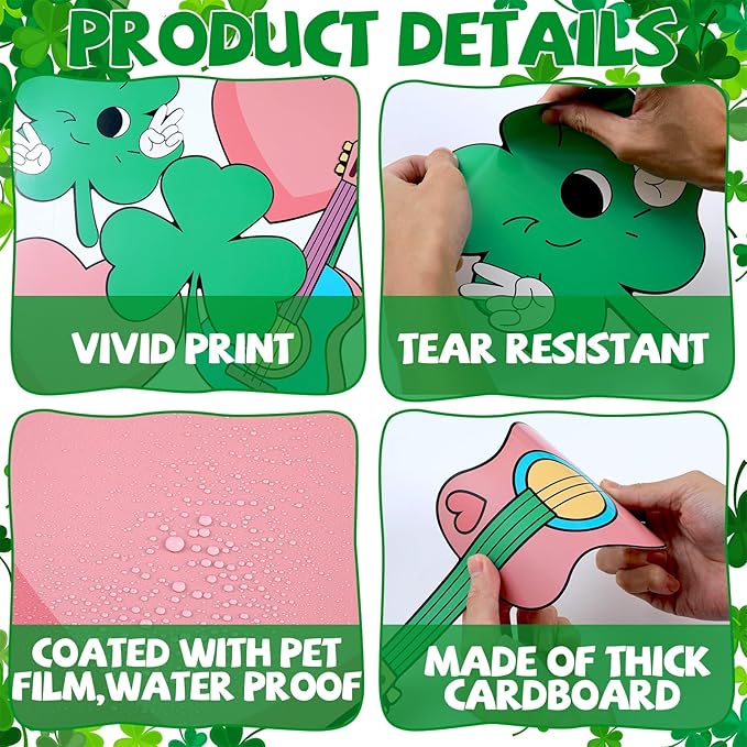 St. Patrick's Day Bulletin Board Set Shamrock Rainbow Paper Cut Outs St. Patrick's Day Classroom Bulletin Board Decoration Hearts Stars Hat Guitars Decor for Party Classroom Chalkboard Wall Decoration