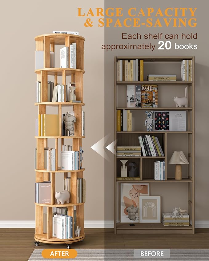 Rotating Bookshelf, 6 Tier Solid Wood Bookshelf Tower with Lockable Wheels, 360° Spinning Revolving Bookcase for Small Spaces, Corners, Bedroom, Kids Room, Home Office, Natural