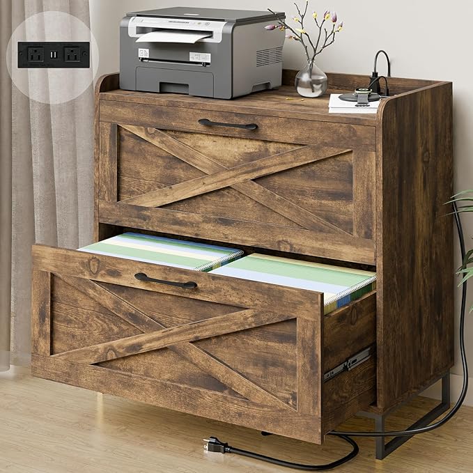 Vabches Lateral File Cabinet 2 Drawer File Cabinet with Charging Station for Legal/Letter/A4 Size Hanging Files, Large Wood File Storage Cabinets Printer Stand for Home Office, Rustic Brown