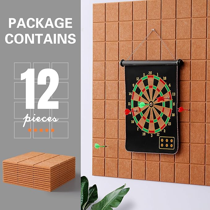 Large Cork Board, 12 Pack Felt Wall Tiles with Safe Removable Adhesive, Bulletin Board for Office, Pin Tack Corkboard for Quilting Design & Dart Wall Protector 48" x 36" - Goldenrod