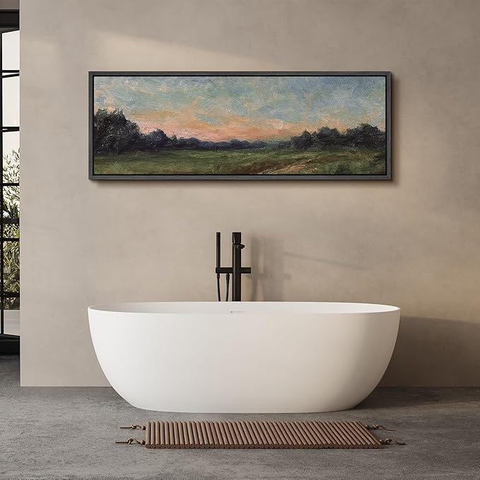 SIGNFORD Large Framed Canvas Quiet Green Field at Dusk Illustrations Modern Art Calm Warm for Living Room, Bedroom, Office - 60"x20"