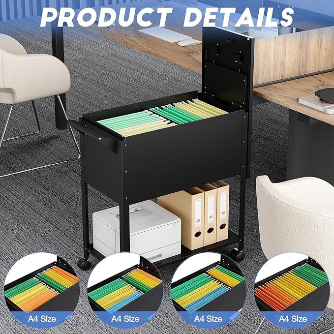 Yizosh Metal Rolling File Storage Cart with Wheels, Mobile File Cabinet with Lock, Filing Cabinet Organizer for Legal/A4 (Black)