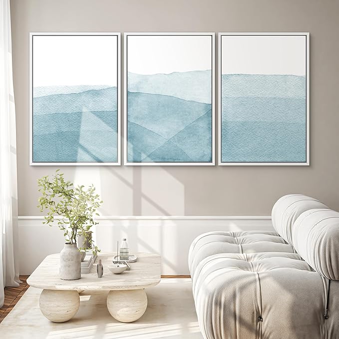 SIGNWIN 3 Piece Framed Canvas Wall Art Blue Wash Brushstroke Watercolor Nature Wilderness Illustrations Abstract Traditional Home Artwork Decoration for Living Room,Bedroom - 24"x36"x3 White