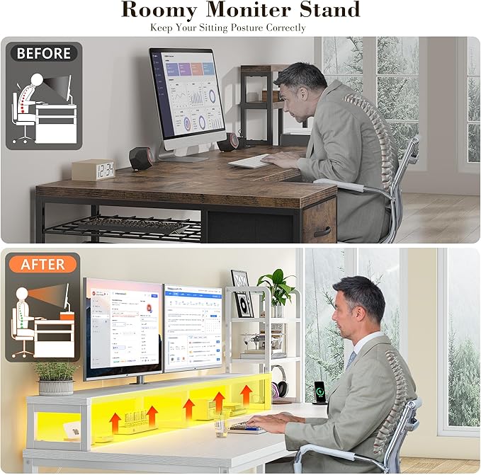 44 Inch Small White Computer Desk with Drawers and Hutch,Reversible Home Office Desk with Monitor Shelf,Gaming Desks with USB Power Outlets&Storage,Writing Table for Bedroom with LED Lights,White
