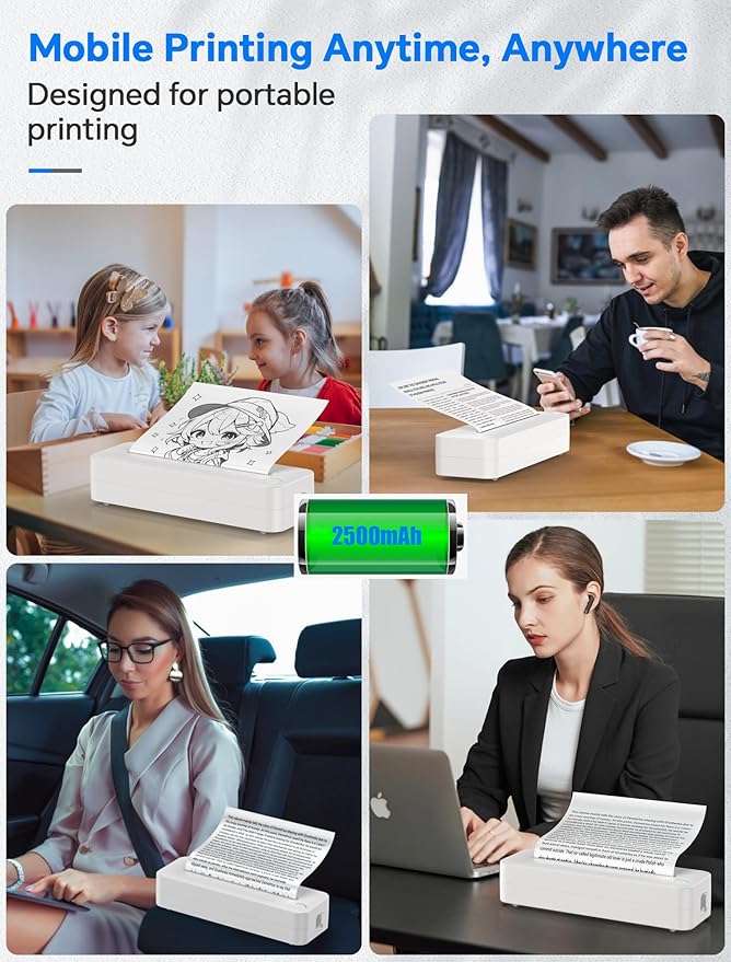 Relassy Portable Wireless Thermal Printer, Inkless A4 Printer for Travel, Home & Office, Compatible with Android, iOS, Laptops, 300DPI Compact Bluetooth Printer with Rechargeable Battery