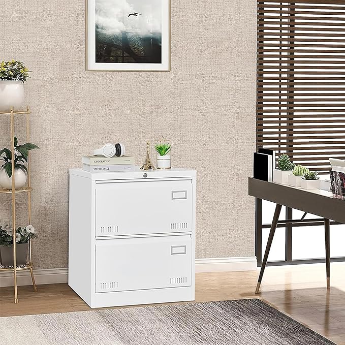 GREATMEET 2 Drawer Lateral File Cabinet,Lateral Filing Cabinet with Lock,Metal Lateral File Cabinet for Letter/Legal/F4/A4 Size with Hanging Bars,White