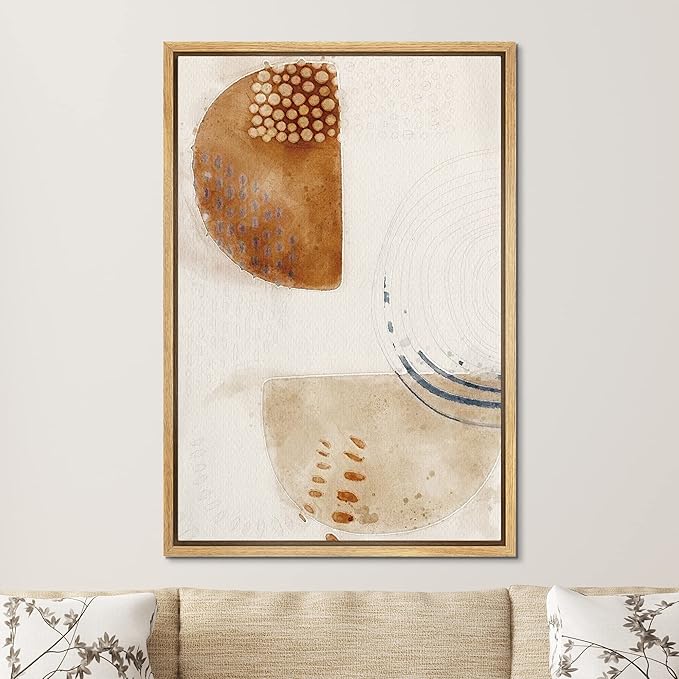 SIGNFORD Framed Canvas Wall Art Brown, Biege and White Organic Circles and Lines Geometric Shapes Modern for Living Room, Bedroom, Office - 16x24 inches