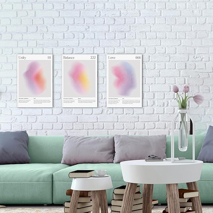 Colorful Gradient Aura Angel Numbers Poster Canvas Print Artwork Room Decor for Bedroom Aesthetic, 3 Piece Framed Inspirational Minimalist Art Paintings Decor for Bedroom Office 12"x18" x 3 Pcs