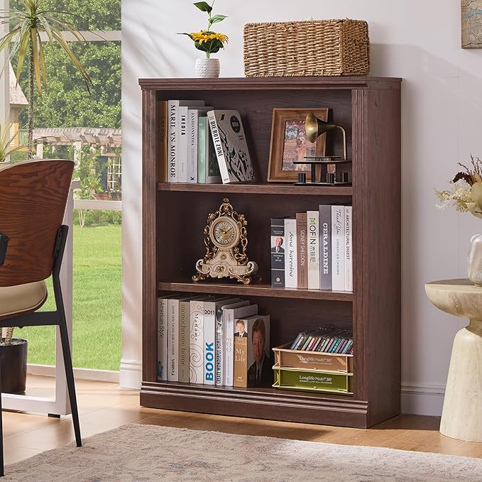 43" Walnut Tall Bookshelf Set of 2,3-Tier Thick Wooden Book Shelf with Adjustable Shelves,Free Standing Farmhouse Bookcase with Open Display Storage,Floor Vintage Bookshelves for Living Room