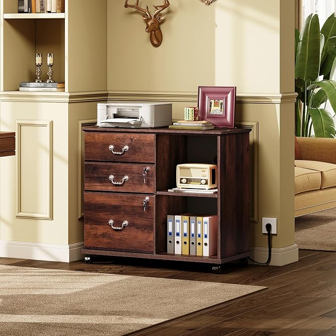 DEVAISE 3 Drawer File Cabinet with Charging Station, Wood Lateral Filing Cabinet with Lock, Rolling Printer Stand with Storage for Home Office, Brown Oak