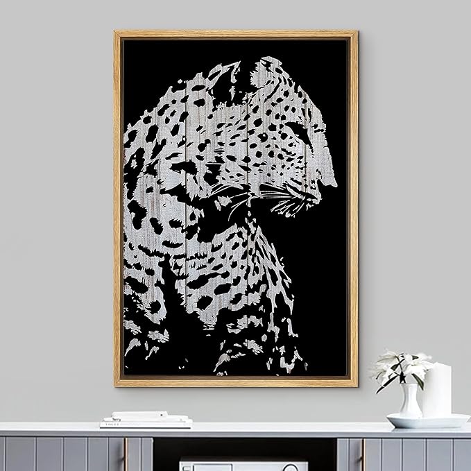 IDEA4WALL Framed Canvas Print Wall Art Grayscale Spotted Leopard Profile on Wood Panels Animals WildLife Illustrations Modern Art Tropical Portrait for Living Room, Bedroom, Office - 24"x36" NATURAL