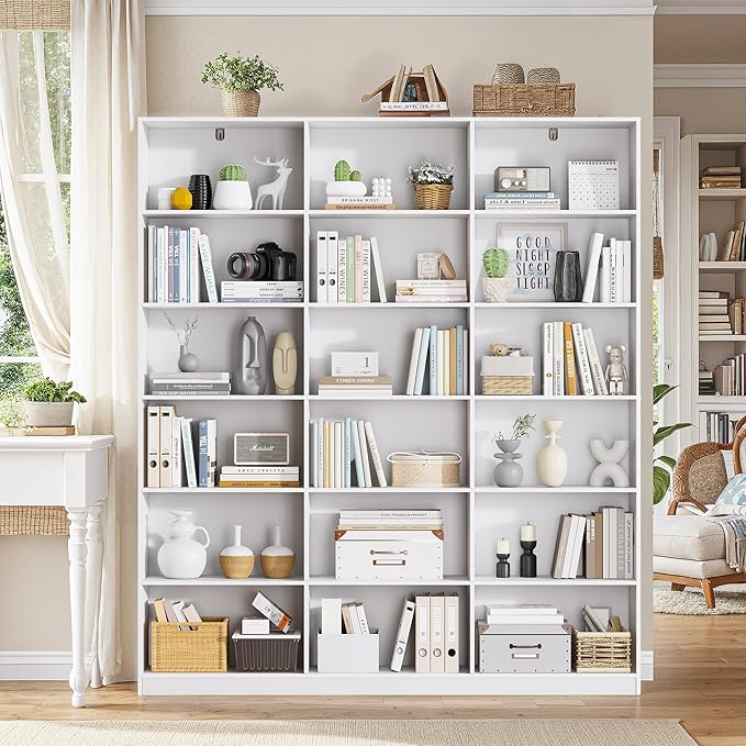 White Bookcase with 18 Display Shelves, Triple Column Book Case, 2PC 6 Tier Large Bookshelf, Freestanding Storage Shelf for Bedroom Living Room Home Office