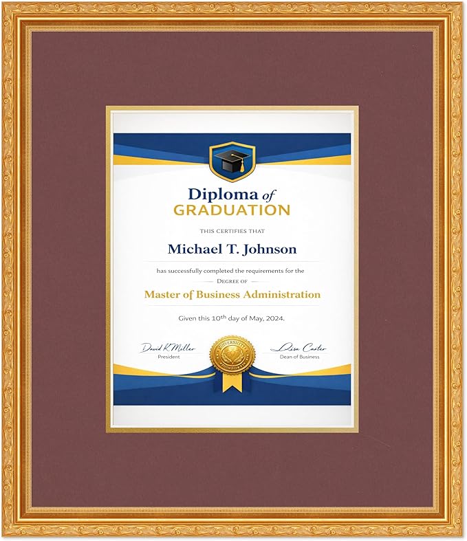 Diploma Frame Museum Gold with Dark Red Over Gold Double Mat - Fits 8.5 x 11 Certificate (Portrait) Wall Display Made in the USA