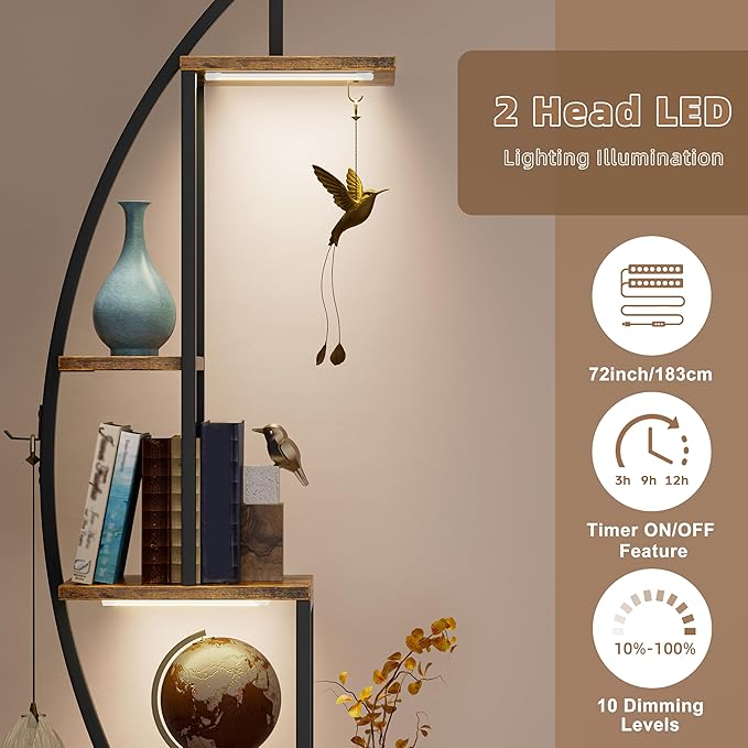 Bookshelf with Lights, 2 Pack Unique Bookshelves, 63" Ladder Tall Book Shelf, 6 Tier Arched Bookcase for Collectibles, Half-Moon Wide Display Book Stands for Bedroom Living Room, Rustic Brown