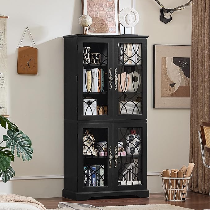 67" Tall Bookshelf, Vintage Book Shelf with Glass Doors, 5-Tier Wood Bookcase w/Adjustable Storage Shelves, Freestanding Rustic Curio Display Cabinet for Living Room, Office, Black, 2PCS