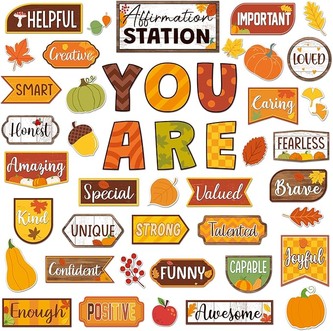 45 Pcs Fall Thanksgiving Affirmation Station Bulletin Board Set Autumn Motivational Posters Classroom Mirror Growth Mindset Decor Positive Accents Cutouts for School Office Home Teacher Wall