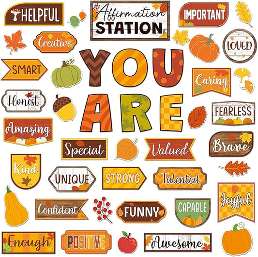 45 Pcs Fall Thanksgiving Affirmation Station Bulletin Board Set Autumn Motivational Posters Classroom Mirror Growth Mindset Decor Positive Accents Cutouts for School Office Home Teacher Wall