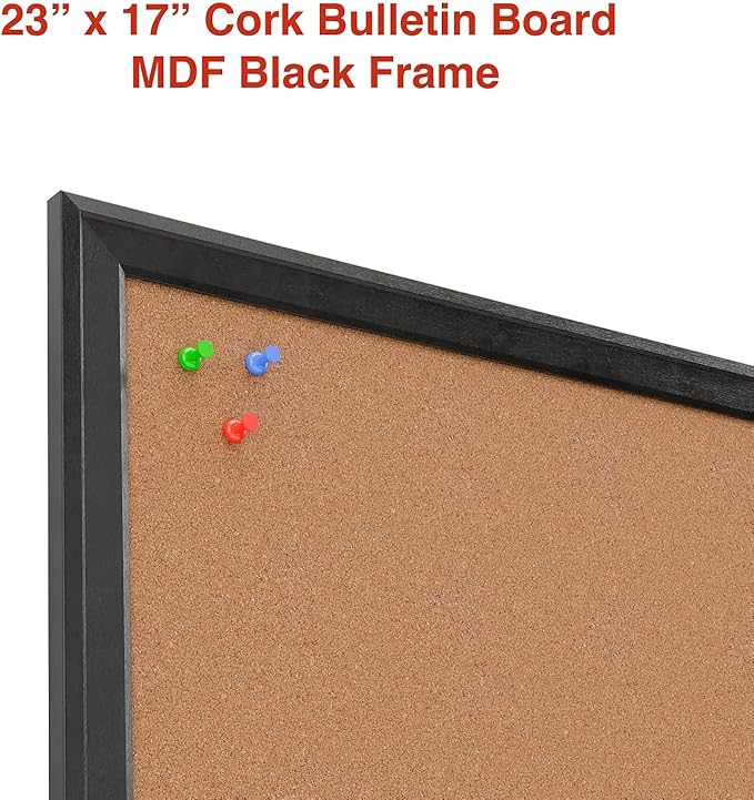 Staples Cork Bulletin Board with Black Frame, 23" x 17" Wall Mounted Bulletin Board for Home Office and School