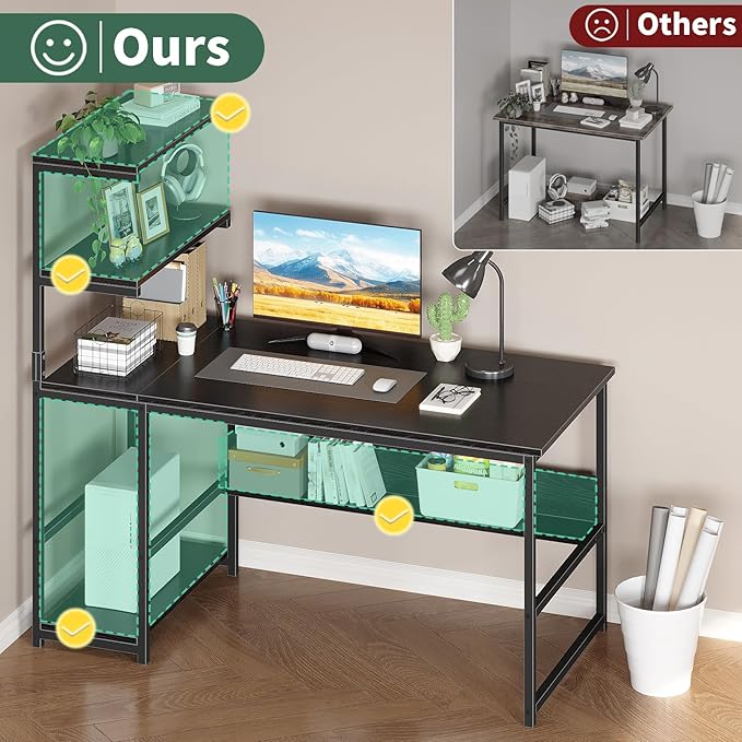 ALISENED 47 Inch Computer Desk with 4-Tier Storage Shelves, Modern Large Office Desk Computer Table Studying Writing Desk Workstation with Bookshelf and Tower Shelf for Home Office