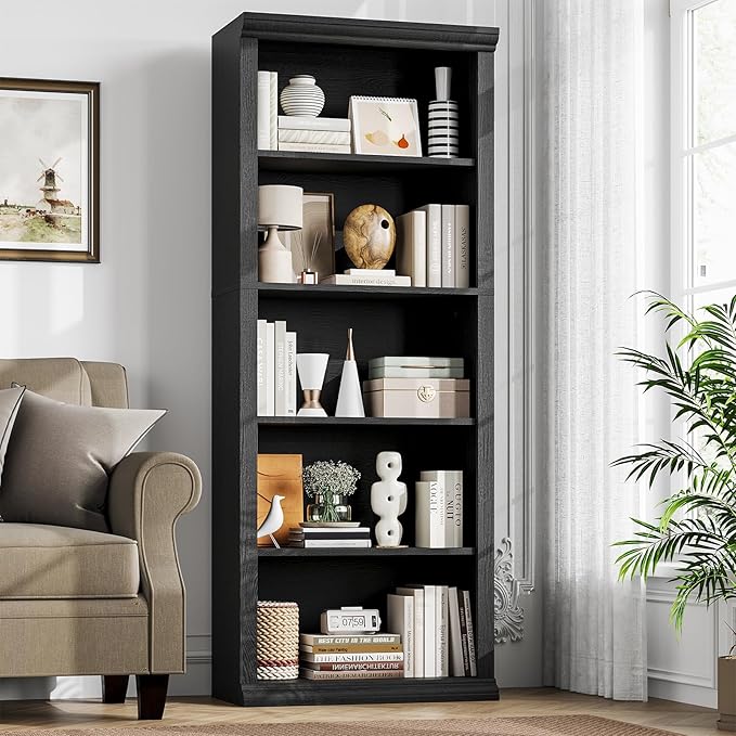 Rresyet 5 Tier Bookshelf and Bookcase, Tall Modern Bookcase with Storage Shelves, Sturdy Open Display Shelf for Living Room, Bedroom, Home Office, Dining Room Decor, Black