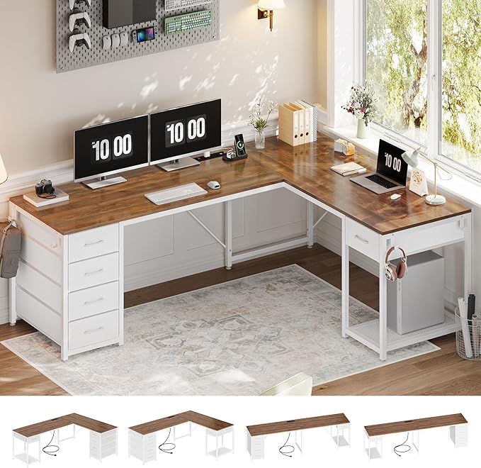 57" L Shaped Desk with 5 Drawers, Reversible Computer Corner Desk with Storage & Power Strip for Home Office, 78.7" Long 2 Person Desk, Brown+White