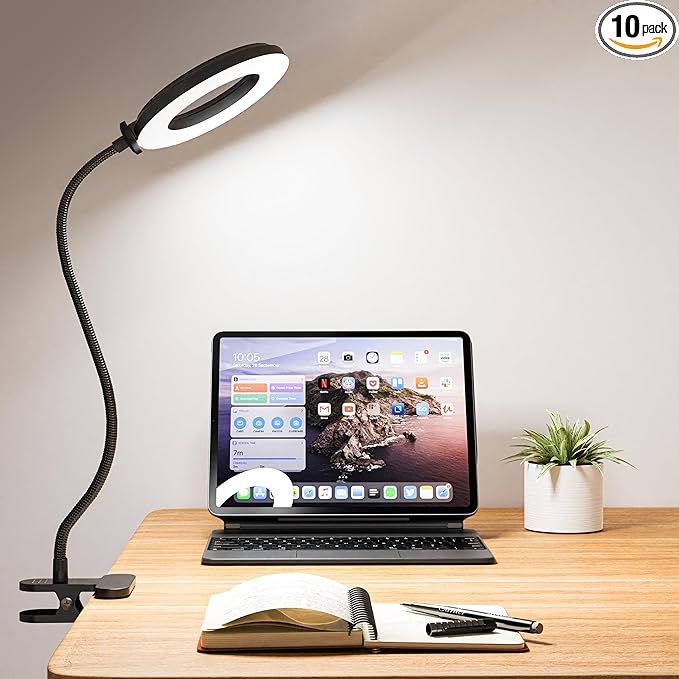 LED Desk Lamp with Clamp, Eye-Caring Reading Light with 3 Color Modes 10 Brightness, Flexible Gooseneck Clip On Lamp for Home Office Bed Headboard, USB Powered Dimmable Table Light