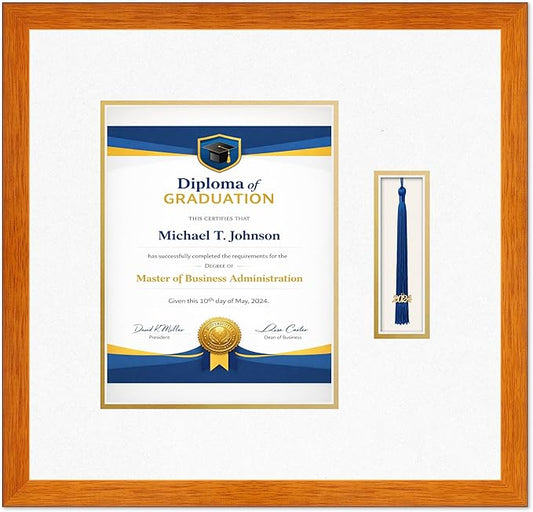 Diploma Frame with Tassel Holder Honey Oak Shadowbox Oyster Shell Over Gold Mat - Fits 8.5 x 11 Degree Made in the USA