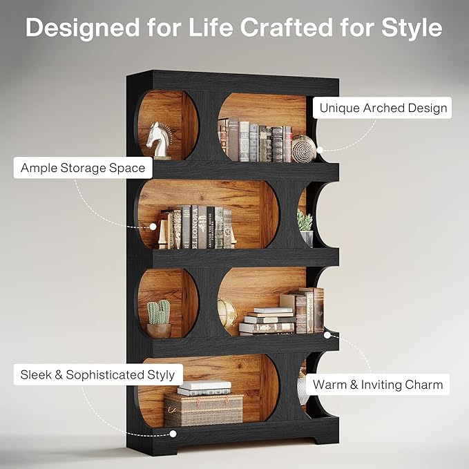 Tribesigns 71" Tall Black Bookcase Set of 2, Modern Asymmetrical Bookshelf, 4-Tier Freestanding Display Shelf with Classic Shape, Large Library Book Shelf for Living Room, Home Office