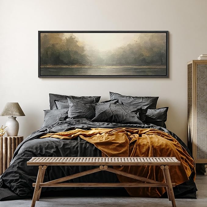 SIGNFORD Large Framed Canvas Foggy Forest River Morning Illustrations Modern Art Calm Warm for Living Room, Bedroom, Office - 60"x20"