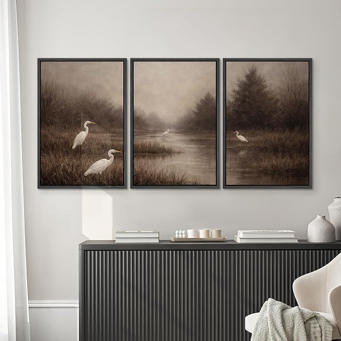 SIGNWIN Framed Canvas Print Wall Art Set Misty Marsh Herons Illustrations Decorative Relax/Calm Zen for Living Room, Bedroom, Office - 16"x24"x3 BLACK
