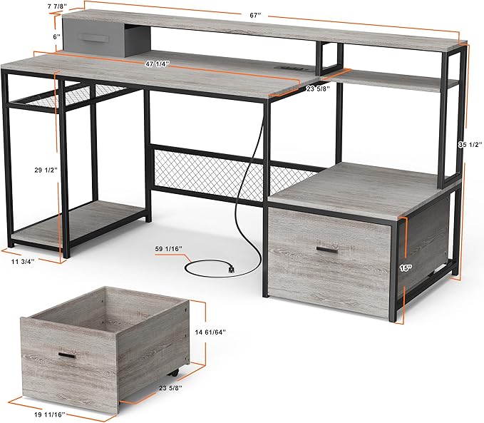 Home Office Desks with Drawers, 66'' Computer Desk with Storage, Office Desk with Monitor Stand, Work Desk with Outlets and USB, Gaming Table Desk with File Cabinet for Home Office Table, Grey