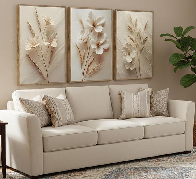 3Pcs Neutral Beige Floral Botanical Canvas Wall art Modern Simple Texture Flower Plant Painting Picture Wall Decor Vintage Blossom Poster Print Artwork for Living Room Bedroom Bathroom Unframed