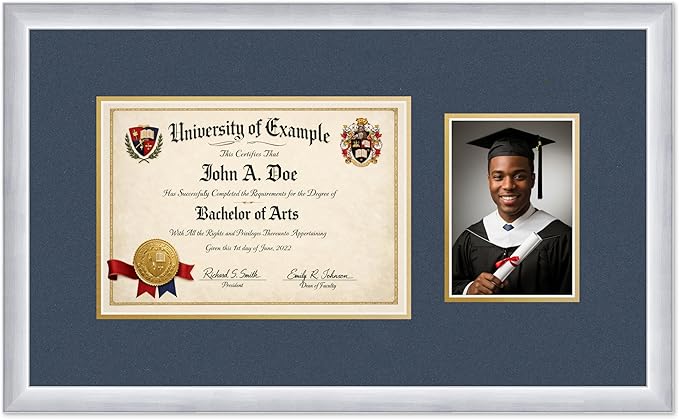 CountryArtHouse Fits 11.69 x 8.27 A4 Certificate and 5 x 7 Photo Diploma and Photo Frame Stainless Silver Genuine Hardwood with Navy Blue Over Metallic Gold Double mat