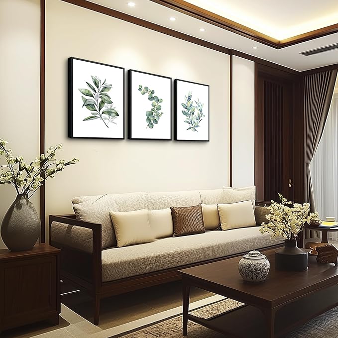 hyidecorart Black Framed Wall Art For Bedroom Wall Decor For Living RoomPlants Green Leaves Painting Bathroom Walls Pictures Kitchen Wall Decorations Office Decor Set Of 3 Piece Framed Prints Art