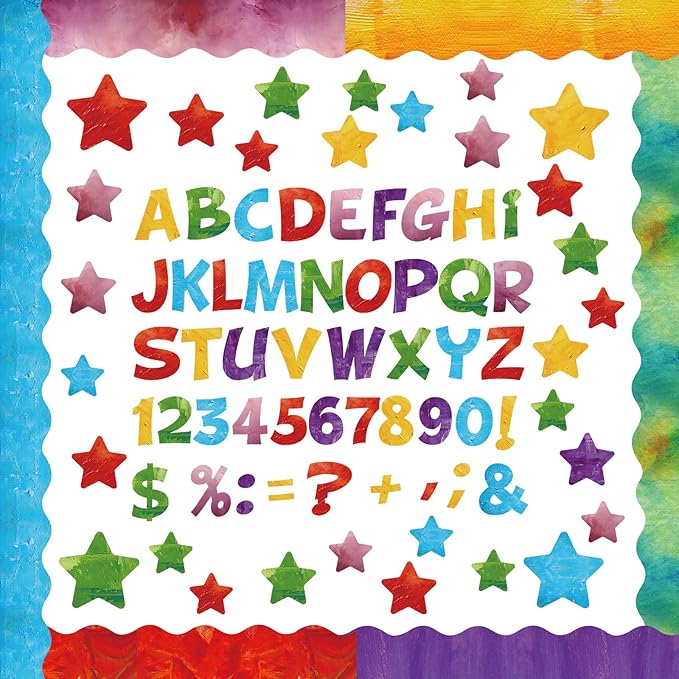 Containlol 188 Pcs Bulletin Board Borders Letters Stars Cutouts Set Include 59ft Poster Board Trims, Alphabet Letter Star Number Punctuation for Classroom(Oil Painting Color)