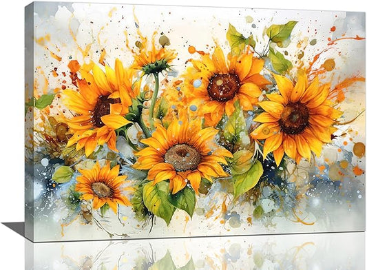 yerretin Sunflower Wall Art Watercolor Pictures Wall Decor Rustic Sunflower Canvas Farmhouse Print Artwork Home Decorations for Living Room Bedroom Bathroom Office Framed 24"x16"