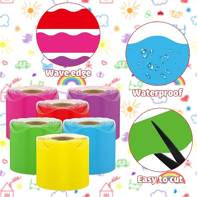 240 Ft Rainbow Bulletin Board Borders Colorful Classroom Borders Scalloped Border Trim Roll Rainbow Bulletin Board Decorations for Classroom Chalkboard Home Wall Office Decoration, 6 Rolls