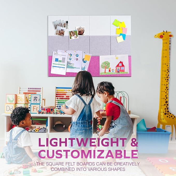Bulletin Board 40x30in, 12 Count 9.8 x 9.8in Felt Wall Tiles with Removable Adhesive Tape, Cork Board Alternative for Walls, Wall Decor, Kids Art Display, Kids Room (Magenta Accent Collection)