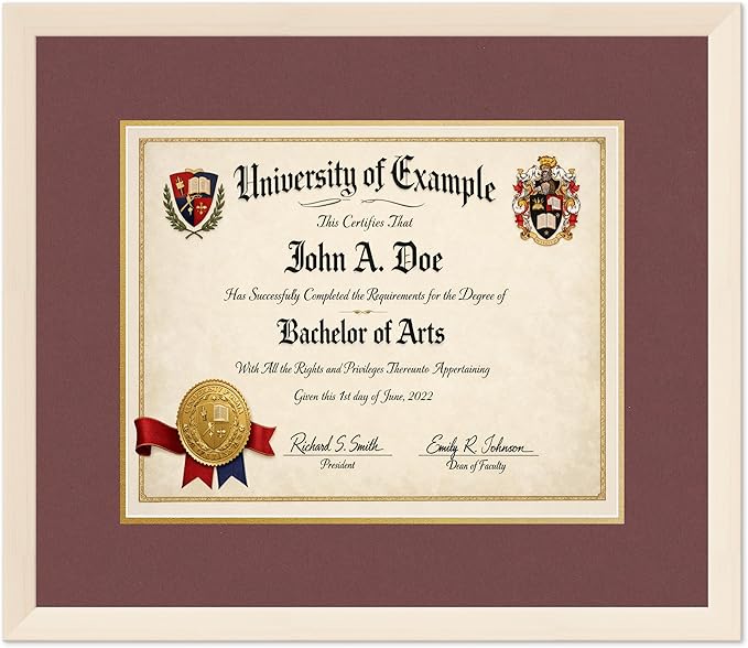 CountryArtHouse Diploma Frame Fits 15 x 12 Military/Government - Keepsake Graduation Display Coastal Whitewash Genuine Hardwood with Dark Red Over Metallic Gold Double mat