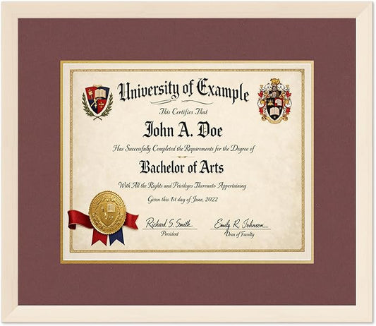 CountryArtHouse Diploma Frame Fits 15 x 12 Military/Government - Keepsake Graduation Display Coastal Whitewash Genuine Hardwood with Dark Red Over Metallic Gold Double mat