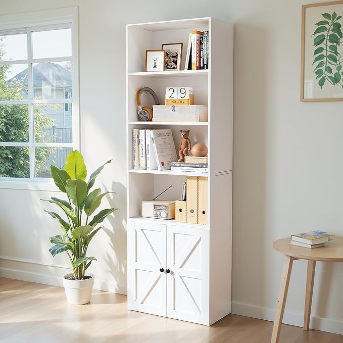 YESHOMY 71.5" Tall Bookshelf and Bookcase, Industrial Bookshelves and Bookcases with Doors, 4-Tier Floor Standing Tall Display Storage Cabinet with Doors for Home Office, Living Room, White, 1 PCS