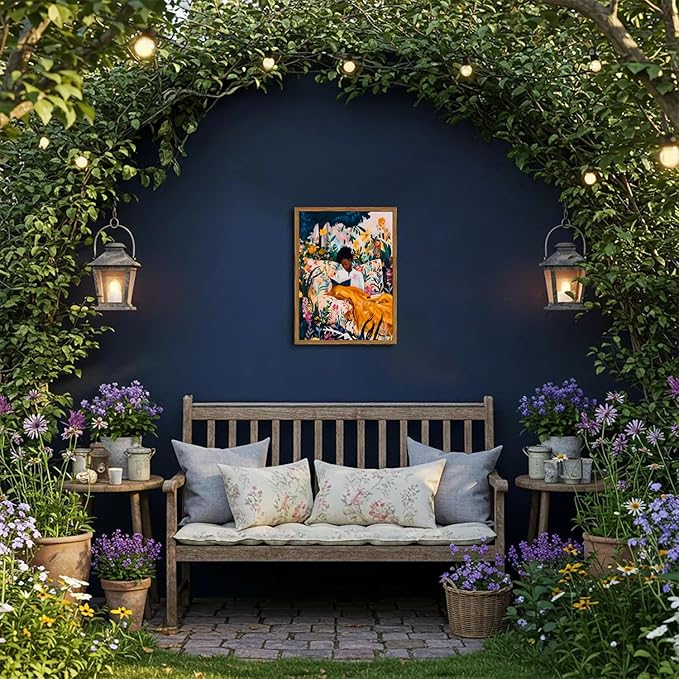 Framed Black Woman Reading Wall Art, Boho Black Girl Colorful Floral Paintings Wall Decor, African American Pictures Canvas Prints Aesthetic Home Decor for Living Room Bedroom Dorm 16x24 inch