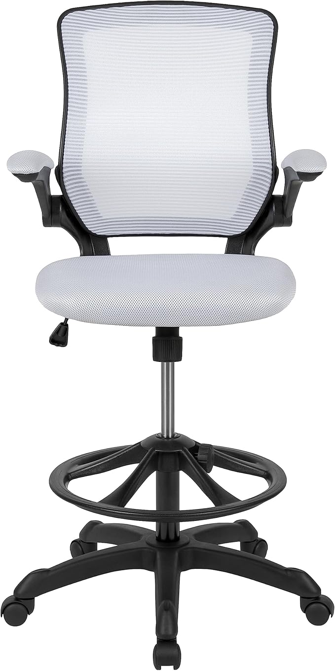 Flash Furniture Kale Mid-Back White Mesh Ergonomic Drafting Chair | Adjustable Foot Ring, Flip-Up Arms
