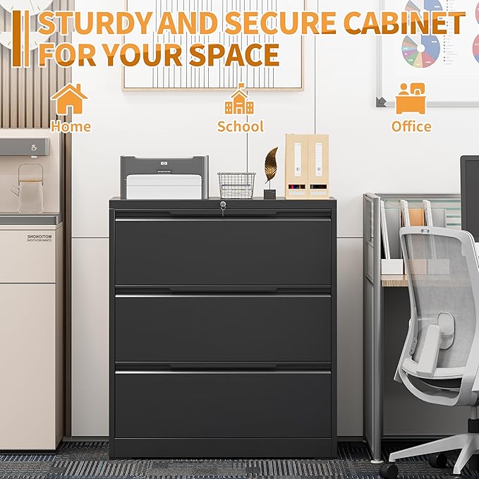 3-Drawer Metal File Cabinet with Lock,Steel Printer Stand with Storage for Home Office,Lateral Filing Cabinet for Legal/Letter/A4 Files,Assembly Required(35.43''W-3 Drawers,Black)