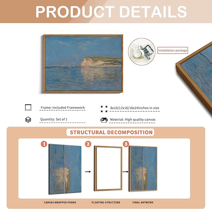 Framed Monet Coastal Wall Art Decor – Impressionist Beach Oil Painting Canvas Prints – Vintage Beachy Landscape Classic Aesthetic Wall Decor for Living Room Bedroom Bathroom – 16"x24"