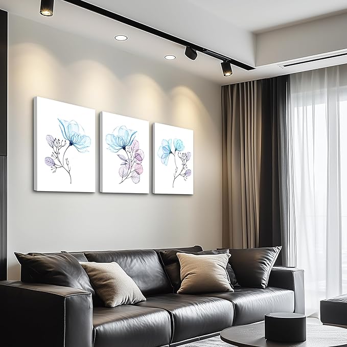 3 Piece Modern Blue Flowers Canvas Wall Art for Bedroom Living Room decor,Bathroom Wall Decor,3 Panels framed Wall Watercolor Painting Kitchen Home Decoration Canvas Print Artwork Wall Mural