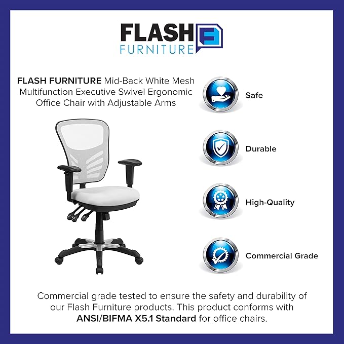 Flash Furniture Nicholas Mid-Back Swivel Office and Gaming Chair, Ergonomic Mesh Office Chair with Adjustable Lumbar Support and Height, White