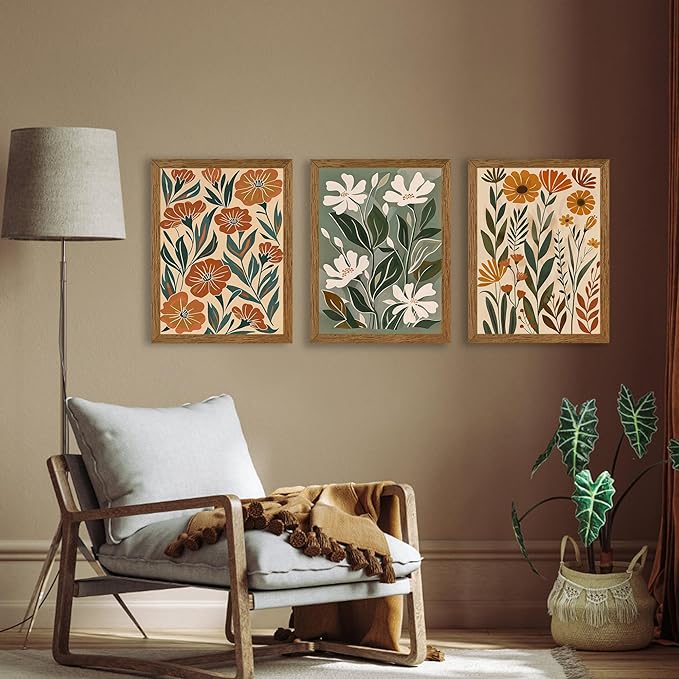 InspiredHues 3 Piece Abstract Boho Floral Canvas Wall Art, Green Beige Flower Market Wall Decor, Minimalist Colorful Botanica Artwork Prints for For Living Room Bedroom Office 12x16 Inch Wood Framed