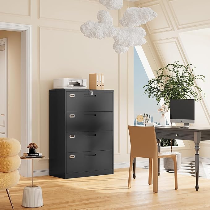 4 Drawer File Cabinet with Lock, 4 Drawer Steel Wide Filing Organization Storage Cabinets, Steel Lateral File Cabinet for Hanging Files Letter/Legal/F4/A4 Size,Assembly Required
