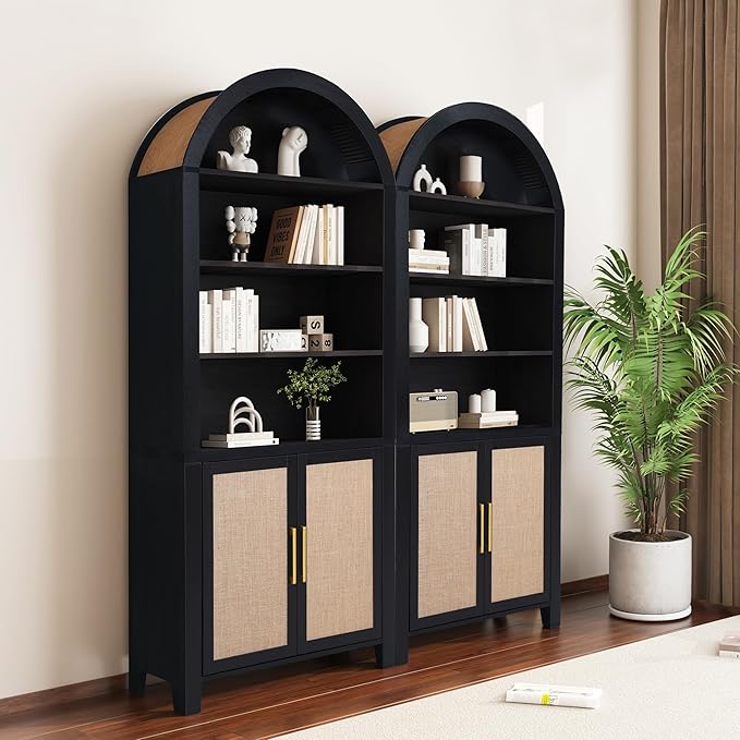 71" Tall Arched Bookcase with Storage, Mid-Century Modern 6-Tier Arch Cabinet with Door, Arched Bookshelf Cabinet with Open Display Storage Shelf for Office Living Room (Black)